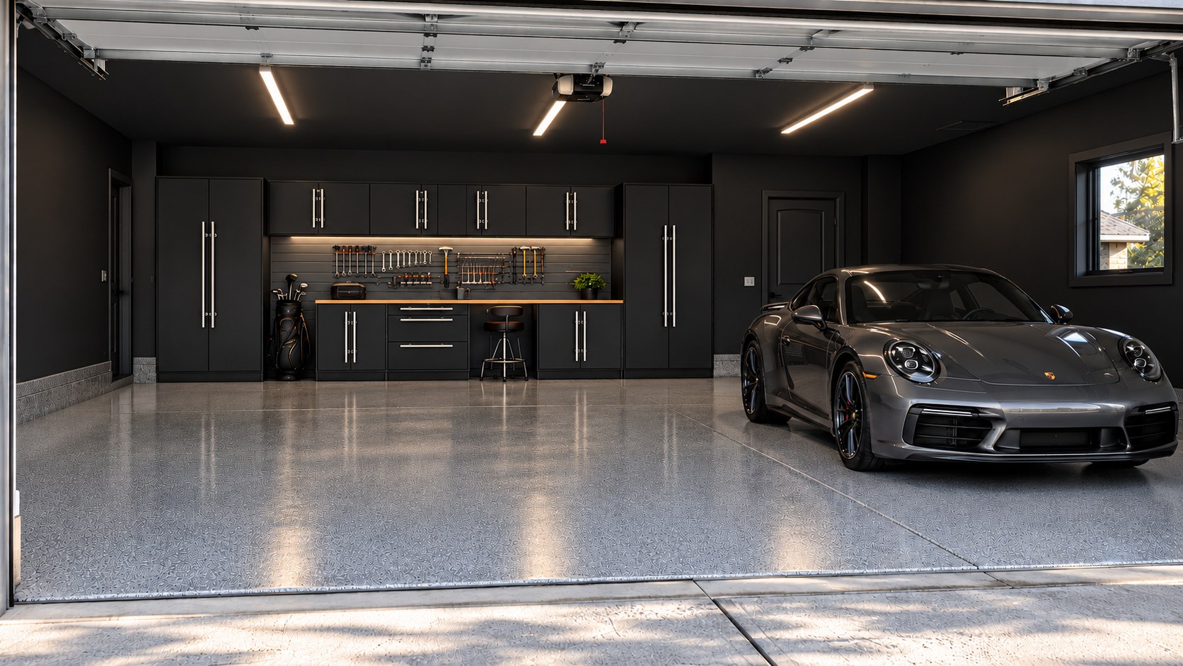 Lux Garages luxury garage design visualization with black cabinets and sports car