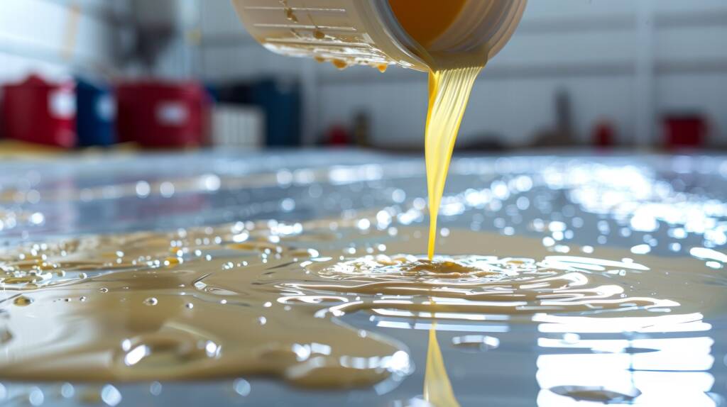 Detailed closeup of epoxy resin pouring out from a bucket onto a floor, highlighting the fluid movement and shiny surface