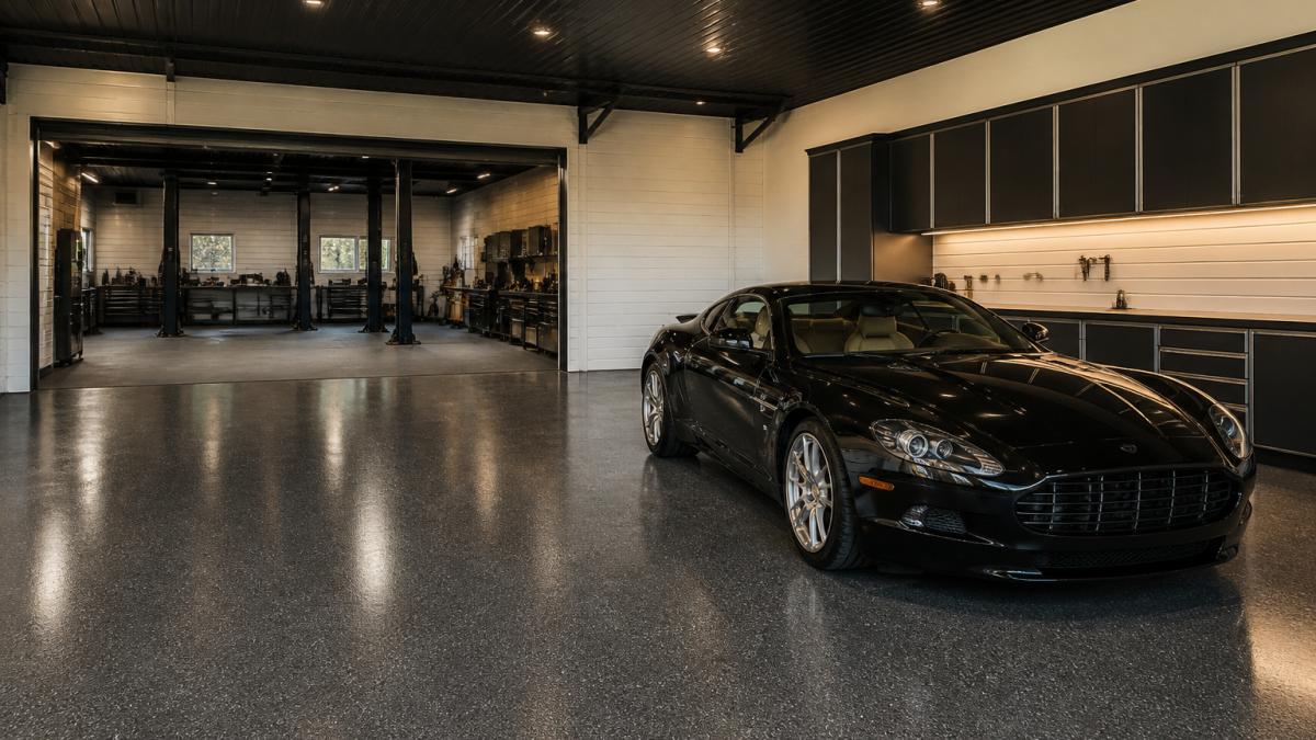 Polished epoxy floors and custom cabinetry in a luxury commercial garage transformation featuring a display vehicle.