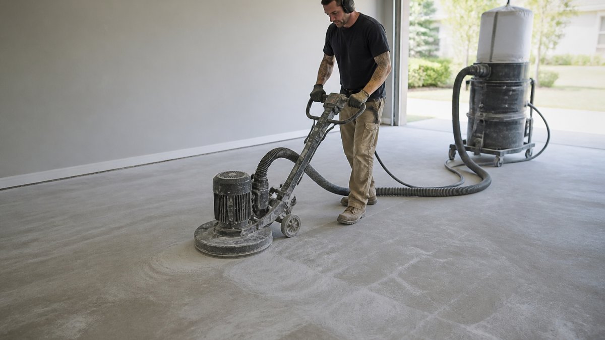 Professional contractor grinding a concrete garage floor with industrial equipment, dust collection system in place, showing proper surface preparation technique