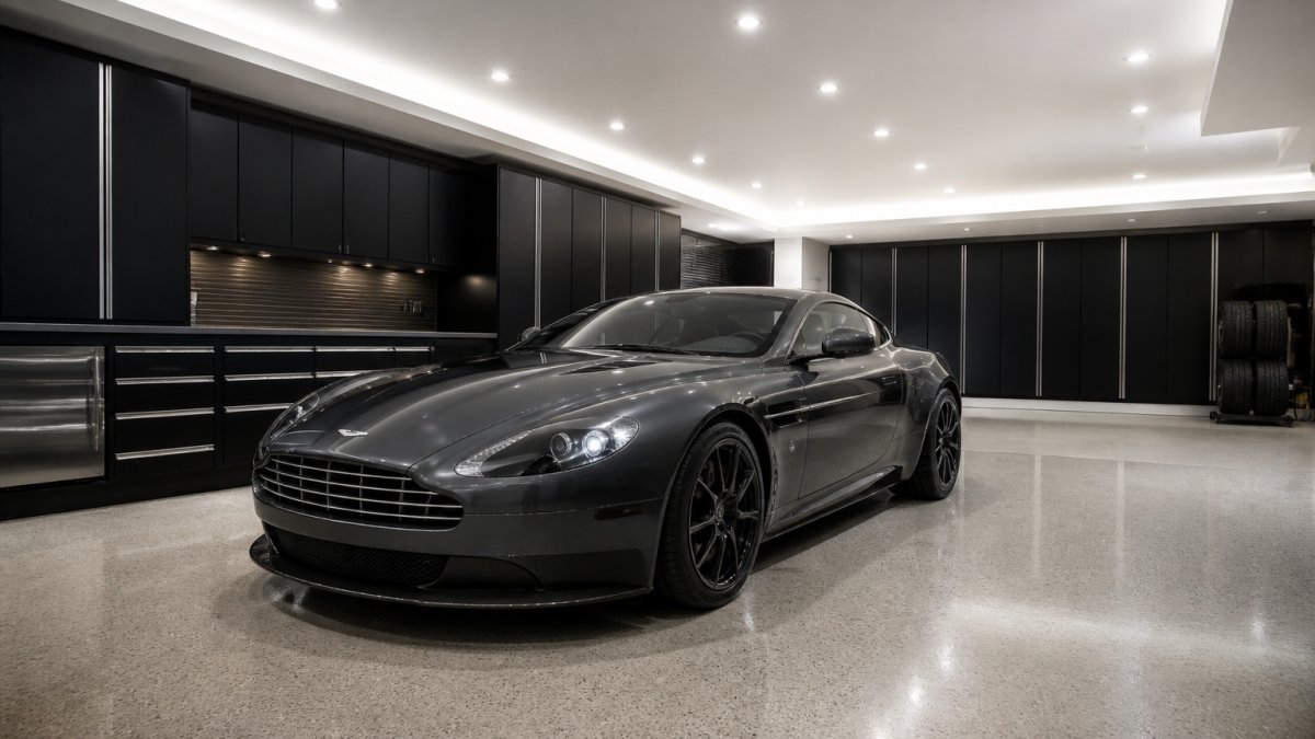 A luxury car parked in a residential garage with recessed LED lighting highlighting the vehicle's curves, clean epoxy floor reflecting light, and custom cabinetry visible along the wall