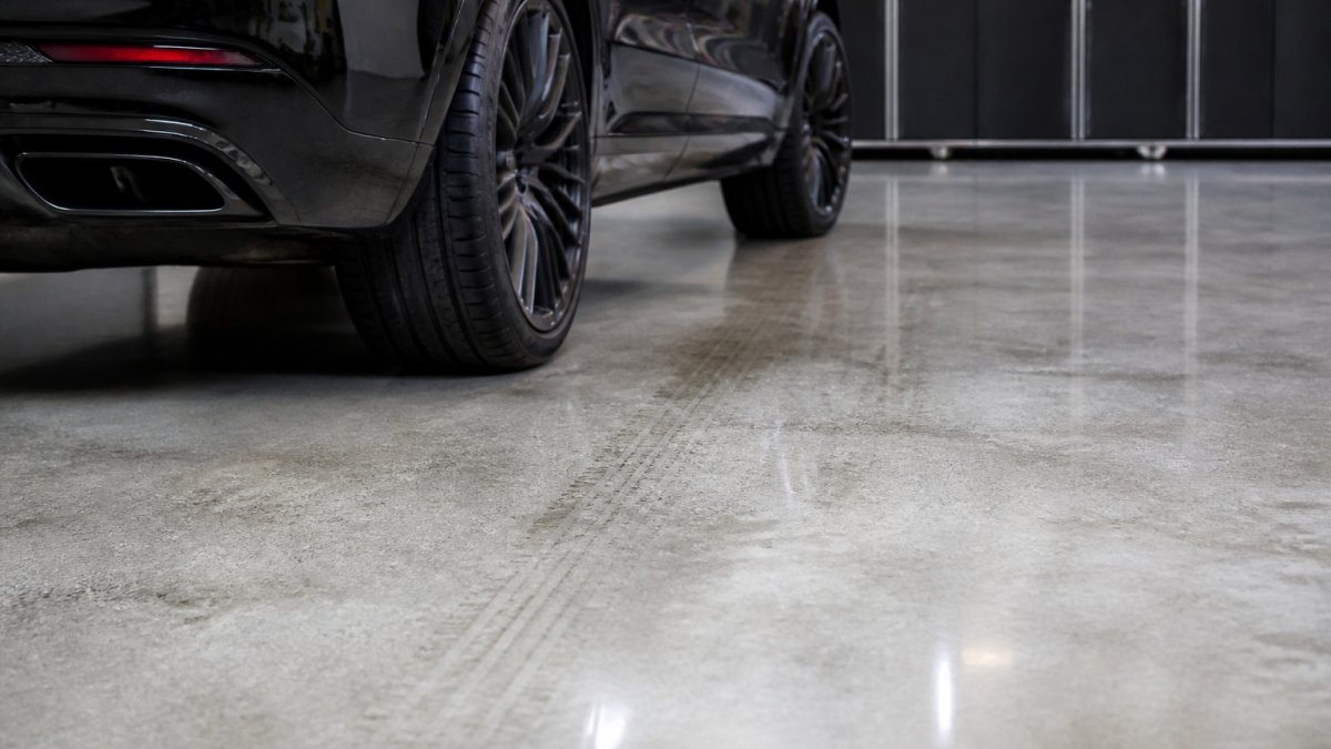 Infographic comparing garage floor tiles vs polished concrete durability under heavy vehicle weight and tire marks.