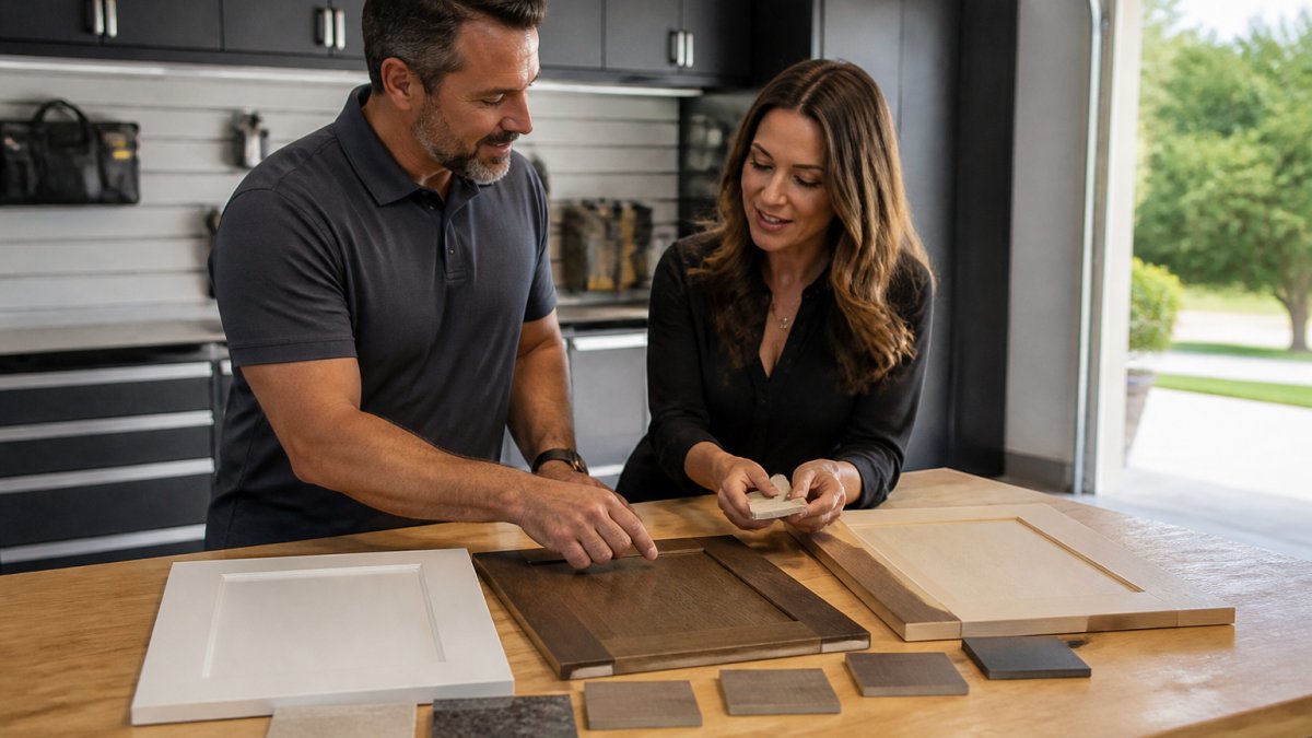 A homeowner and a design consultant reviewing garage cabinet samples and finish swatches on a workbench inside a bright, clean residential garage