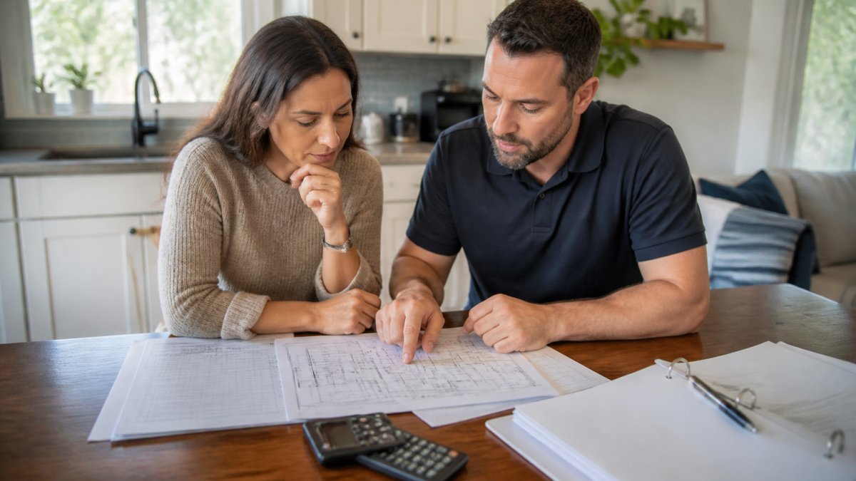 Homeowner and contractor reviewing renovation plans and budget spreadsheet at kitchen table with natural daylight from window, papers and calculator visible