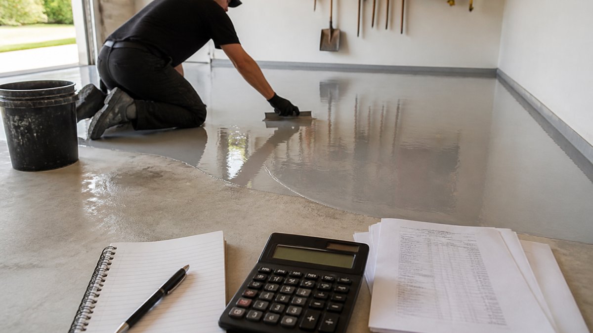 Close-up of a contractor applying a glossy epoxy coating to a clean concrete garage floor, with tools and a mixing bucket nearby in a bright residential garage