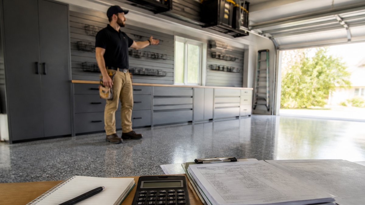 Professional contractor in work gear standing in mid-renovation garage, gesturing toward newly installed epoxy flooring with custom cabinetry and overhead storage systems visible, bright natural light from garage door