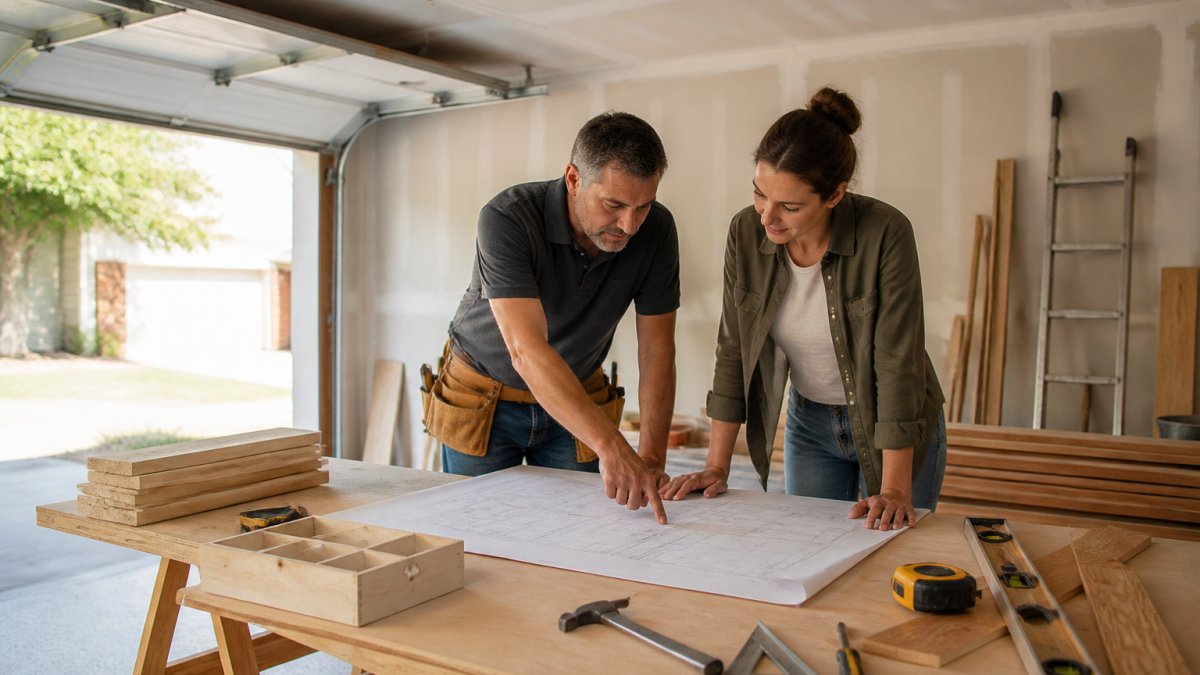 Contractor and homeowner reviewing blueprints during a garage renovation project