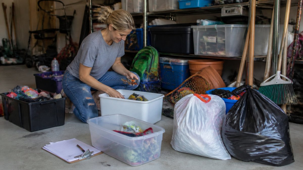 A homeowner in a garage sorting tools and household items into labeled bins and trash bags, with a checklist clipboard nearby and shelves in the background