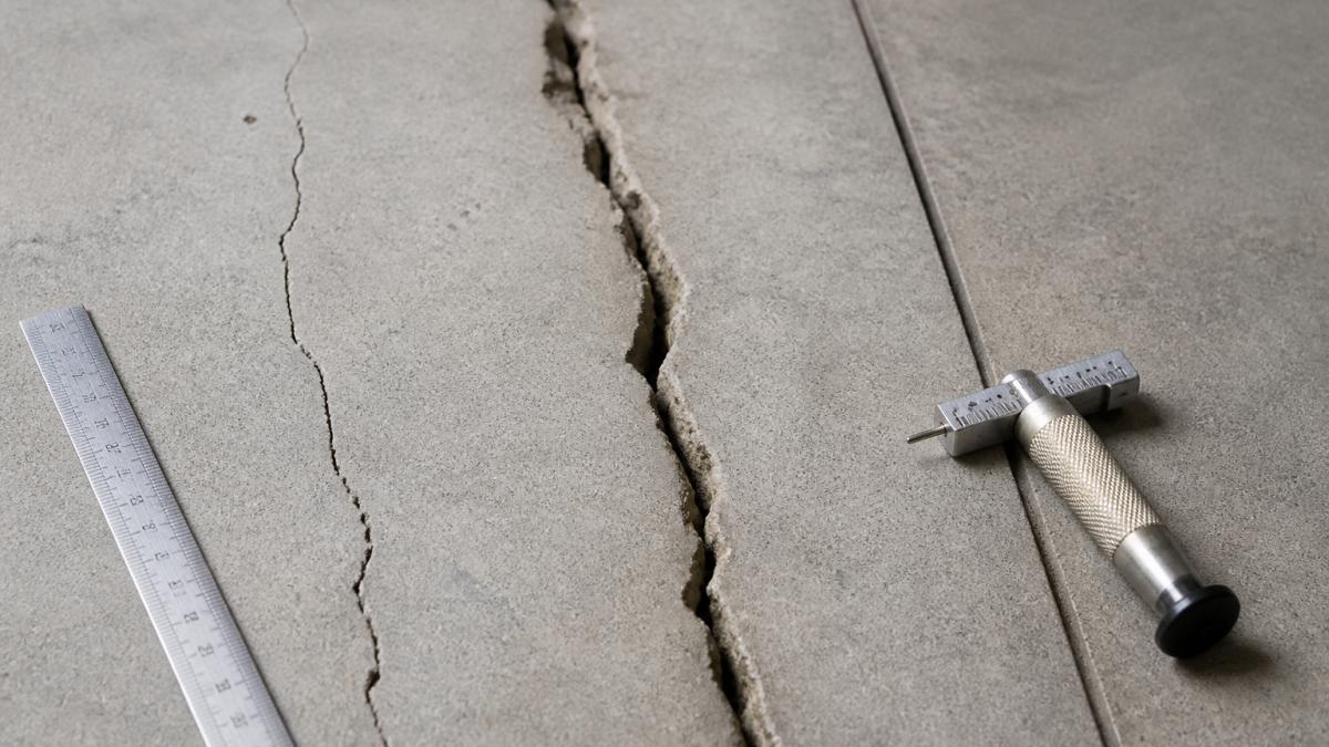 Close-up of a concrete garage floor showing multiple crack types including hairline cracks, a wider structural crack, and a control joint, with a measuring ruler and crack depth gauge positioned for scale assessment