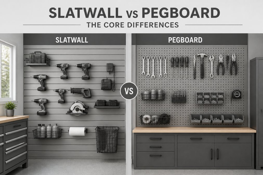 Comparison chart of slatwall vs pegboard systems featuring organized garage tools and accessories.